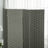 4-Panel Folding Room Divider, Wave Fibre Woven Wicker Effect Privacy Screen with Wood Frame, Grey