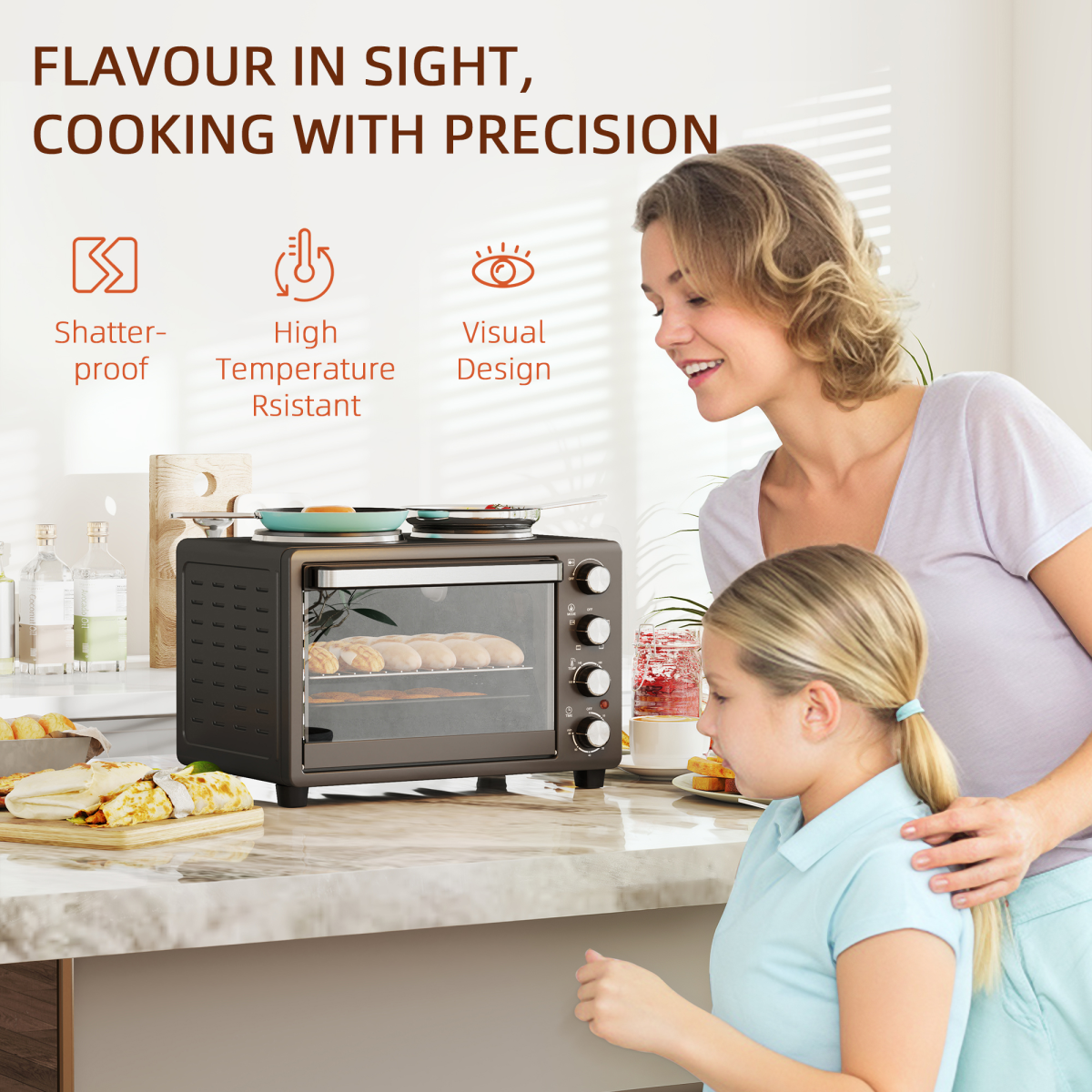 HOMCOM 28L Countertop Toaster Oven with 2 Hot Plates – Grill, Roast & Bake, 2600W
