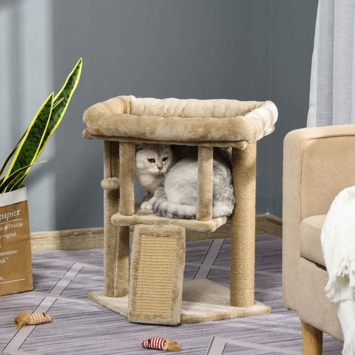 Pawhut Cat Tree Tower with Jute Scratching Pad, Toy Ball & Cat House – Multi-Level Climbing Centre, Coffee