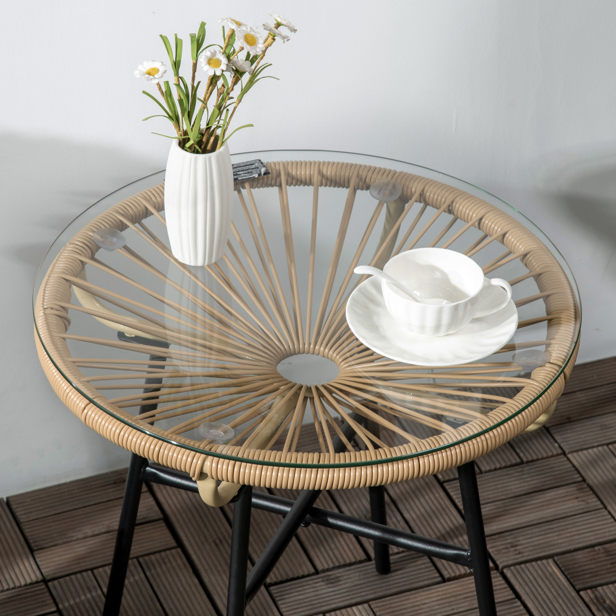 Outsunny Round PE Rattan Side Table with 5mm Tempered Glass Top & Powder-Coated Metal Frame
