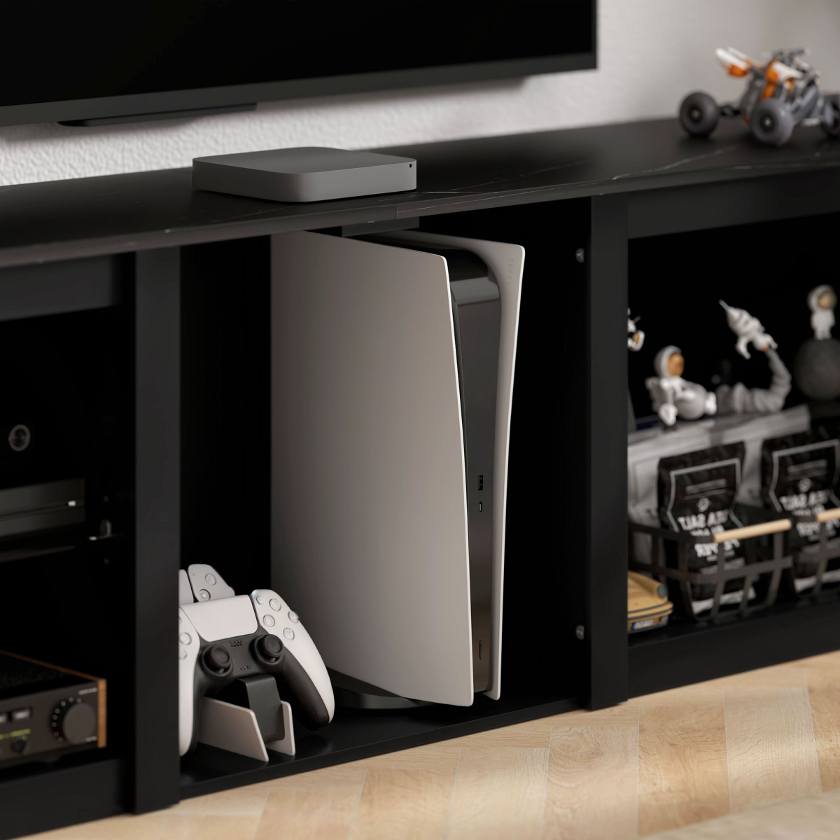HOMCOM 160cm TV Unit with RGB LED Lights & Glass Shelves for TVs up to 65 in – Black Marble Effect