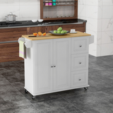 HOMCOM Kitchen Island Cart on Wheels with Drop Leaf, 3 Drawers & Cabinet – Rolling Kitchen Storage, White