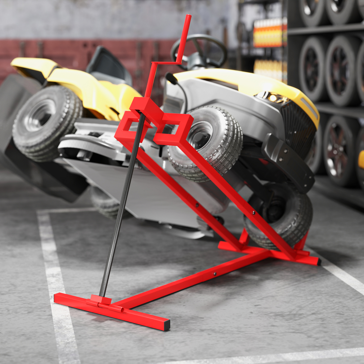 HOMCOM Foldable Ride-On Lawn Mower Lift, 400kg Capacity – Telescopic Maintenance Jack for Mowers & ATVs, Red