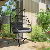 Outsunny Rattan Double Hanging Egg Chair with Stand and Cushion – Foldable Garden Swing Seat, Dark Grey