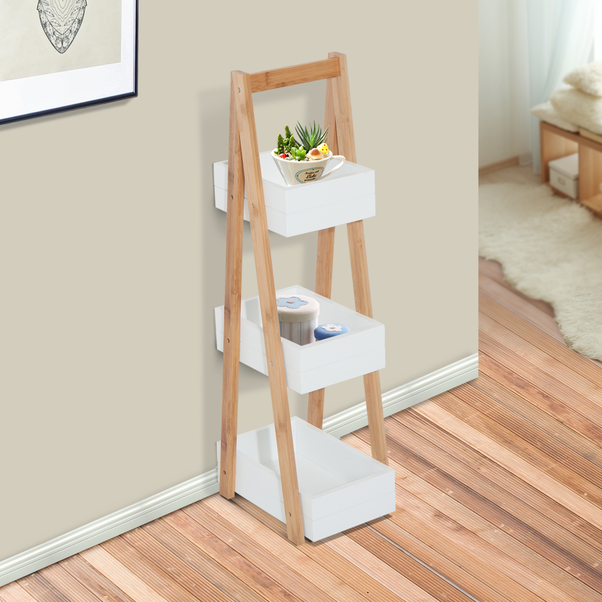 HOMCOM 3-Tier Bamboo Bathroom A-Shape Rack – Storage Shelf for Toiletries and Towels