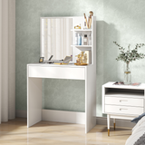 HOMCOM Modern Dressing Table with Large Mirror, Drawer & 3-Tier Open Shelves – Bedroom Vanity, White
