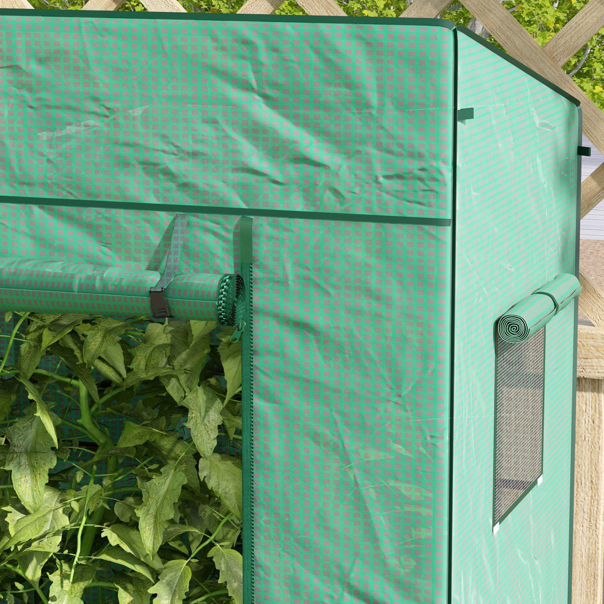 Outsunny Lean-to Walk-in Wall Greenhouse with Roll-Up Door, 2 Mesh Windows & UV-Resistant PE Cover, Green