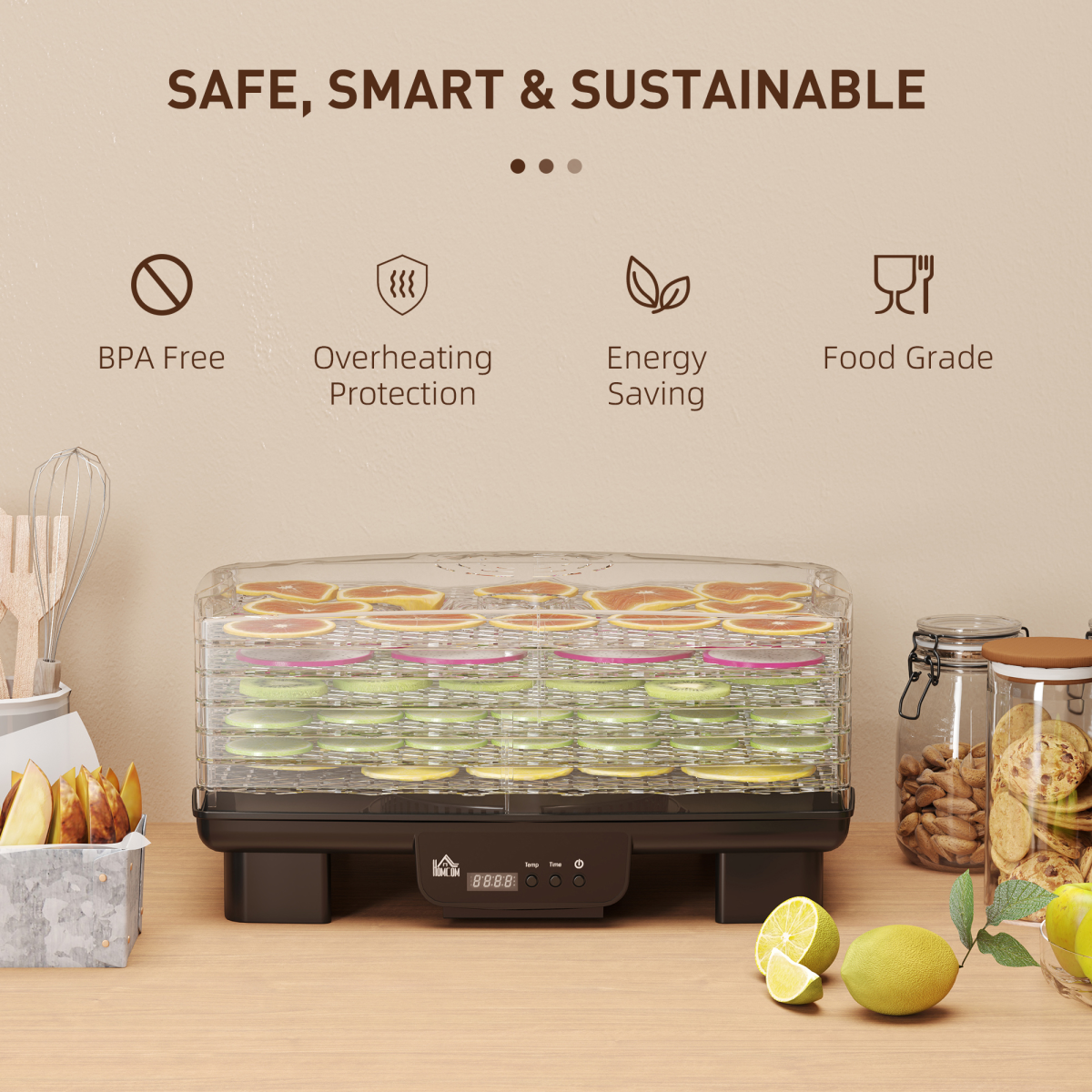 HOMCOM 6 Tray Food Dehydrator with Adjustable Temperature & Timer – Food Dryer for Fruit, Meat & Vegetables, Black