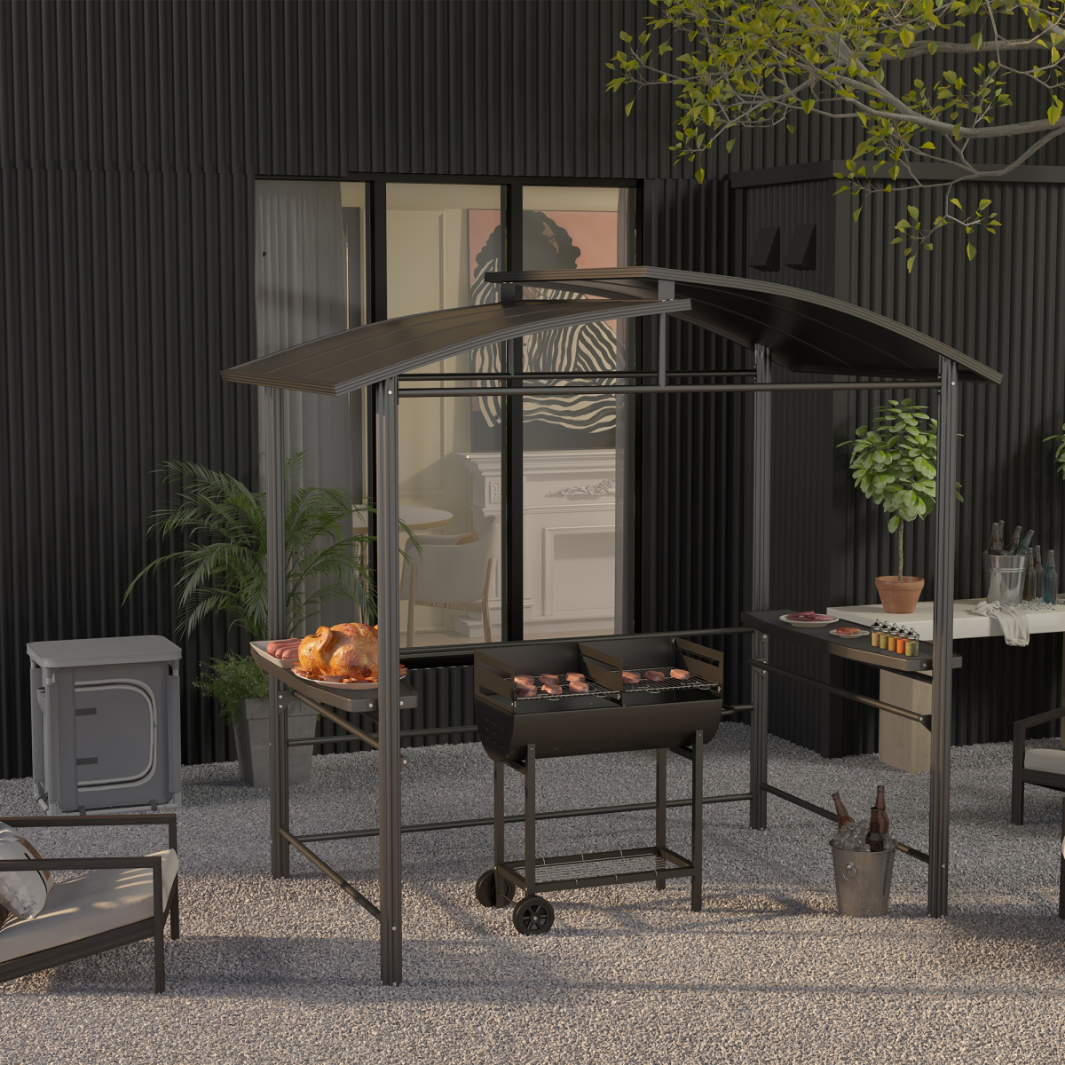 Outsunny 2-Grill Charcoal BBQ with Wheels, Adjustable Height and Mesh Shelf – Steel Backyard Barbecue, Black
