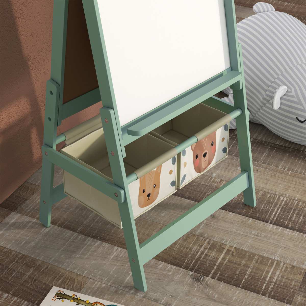 AIYAPLAY Kids Easel with Paper Roll, Blackboard, Whiteboard and Storage Baskets – 3-in-1 Art Easel, Green