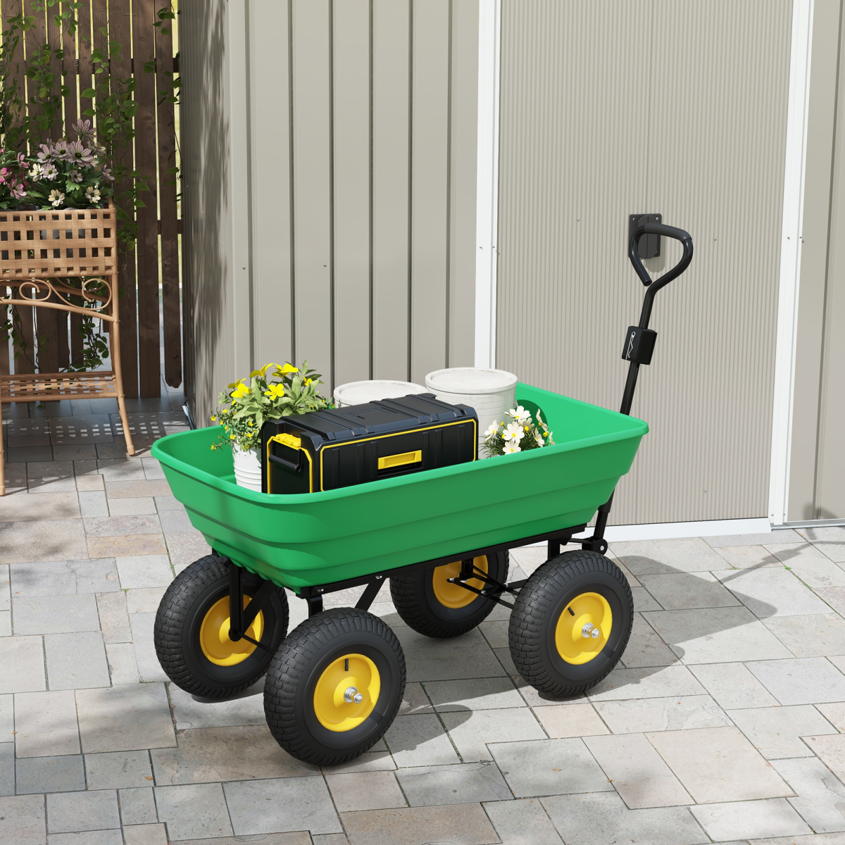 Outsunny 125L Heavy Duty 4-Wheel Garden Cart with Tipping Mechanism – Steel Trolley Wheelbarrow, Green