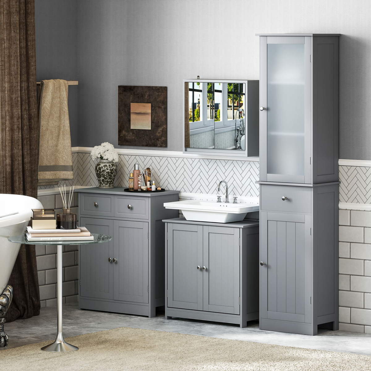 kleankin Bathroom Floor Storage Cabinet with 2 Drawers & Cupboard – Grey Freestanding Bathroom Storage