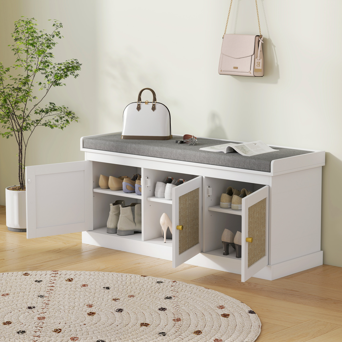 HOMCOM Shoe Storage Bench with Rattan Doors and Seat Cushion – Boho Entryway Shoe Cabinet Bench, White and Grey
