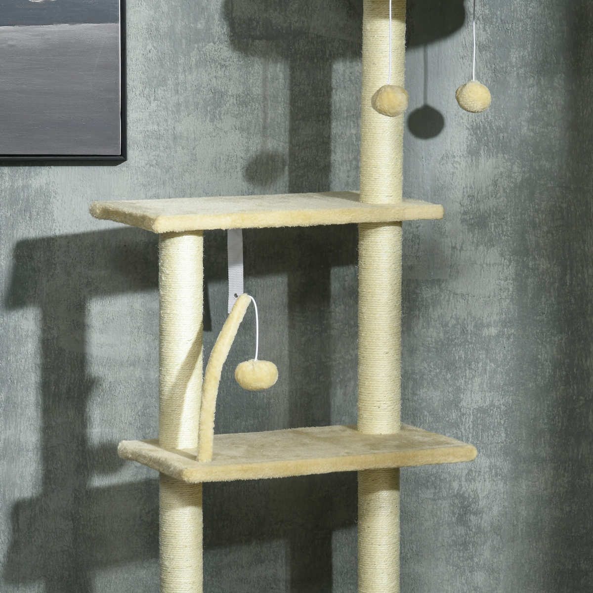 PawHut 6-Tier Floor-to-Ceiling Cat Tree with Scratching Post, Bed & Hammock – Adjustable Cat Tower, Beige