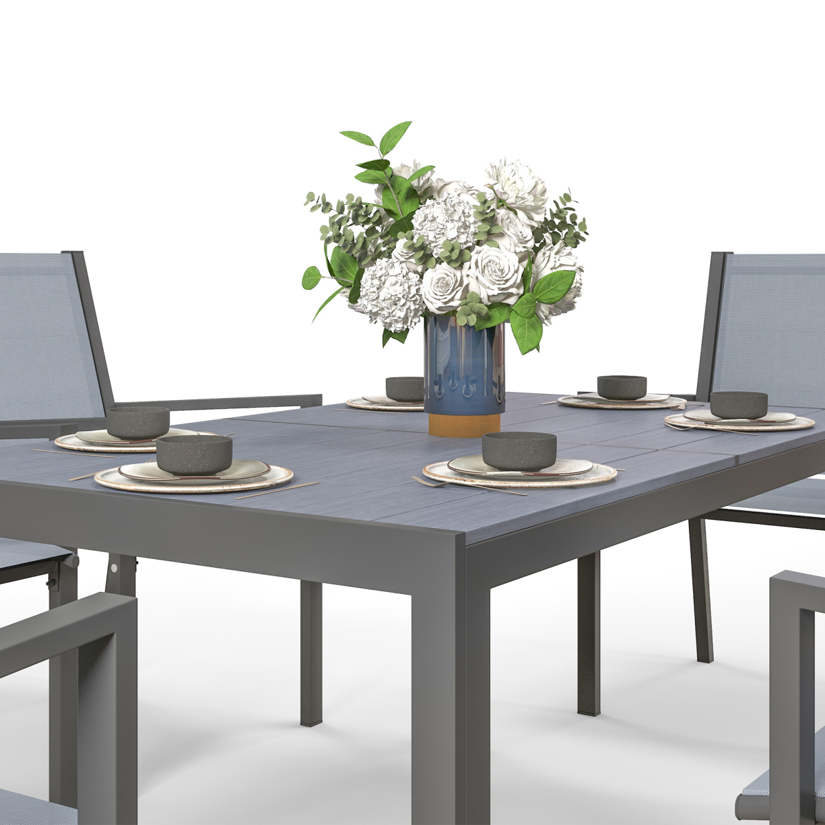 Outsunny 7-Piece Patio Dining Set with Table & 6 Stackable High-Back Armchairs – Steel Frame Garden Furniture, Grey