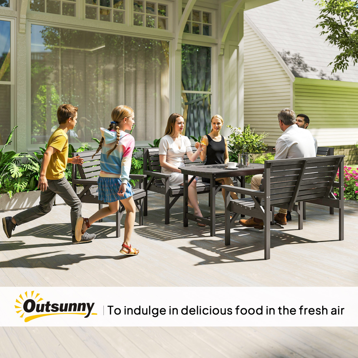 Outsunny 5-Piece Fir Wood Patio Dining Set with 60mm Umbrella Hole – Table, Chairs & Loveseats, Grey
