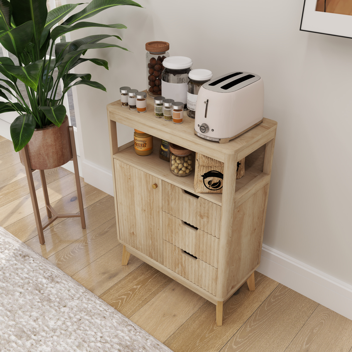 HOMCOM Modern Fluted Sideboard Storage Cabinet with 3 Drawers & Adjustable Shelf – Living Room