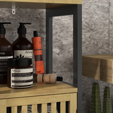HOMCOM Bamboo Bathroom Floor Cabinet with Adjustable Shelf & Slatted Door – Tall Slim Storage, Black, Natural