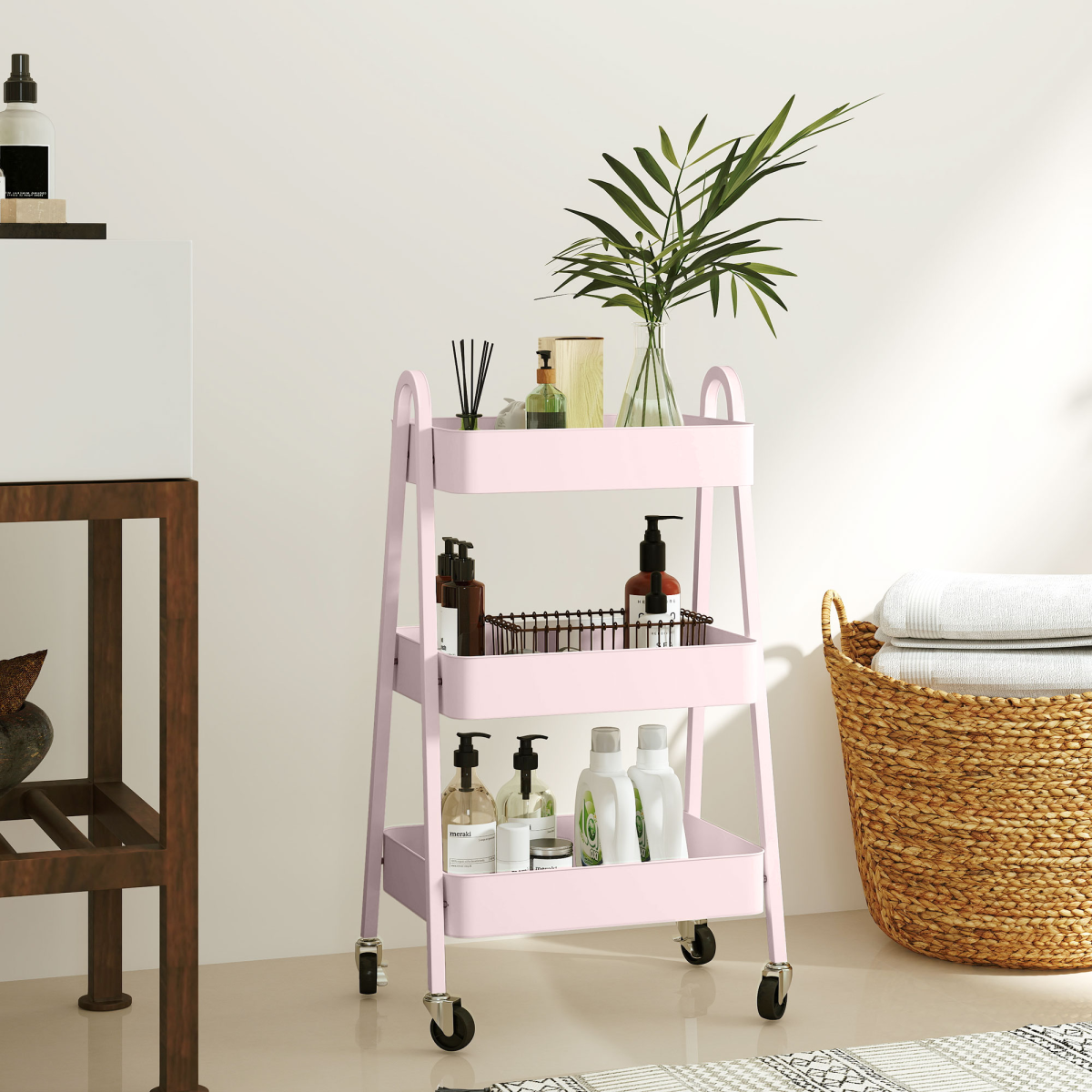 HOMCOM 3-Tier Rolling Utility Cart with Mesh Trays – Kitchen Storage Trolley, Pink