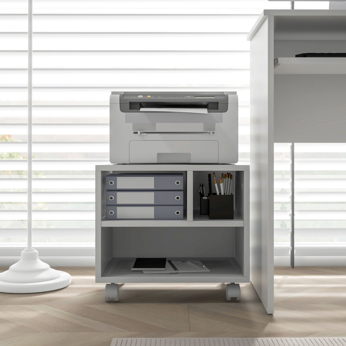 HOMCOM Printer Stand with 3 Compartments and Lockable Wheels – Home Office Storage Cart, 40kg Capacity, White