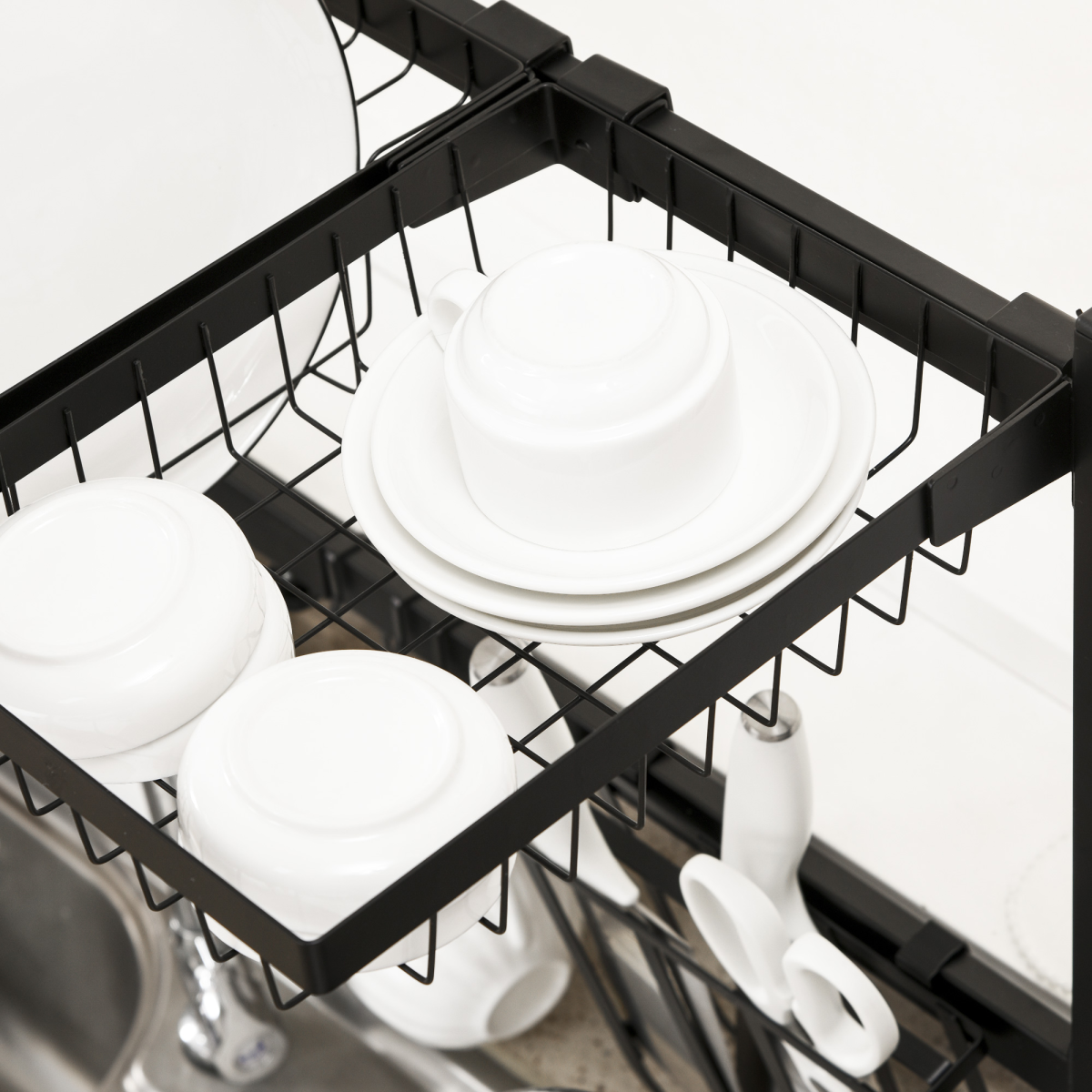 2-Tier Over the Sink Dish Drying Rack with Adjustable Width – Space-Saving Drainer with Cutlery Holders