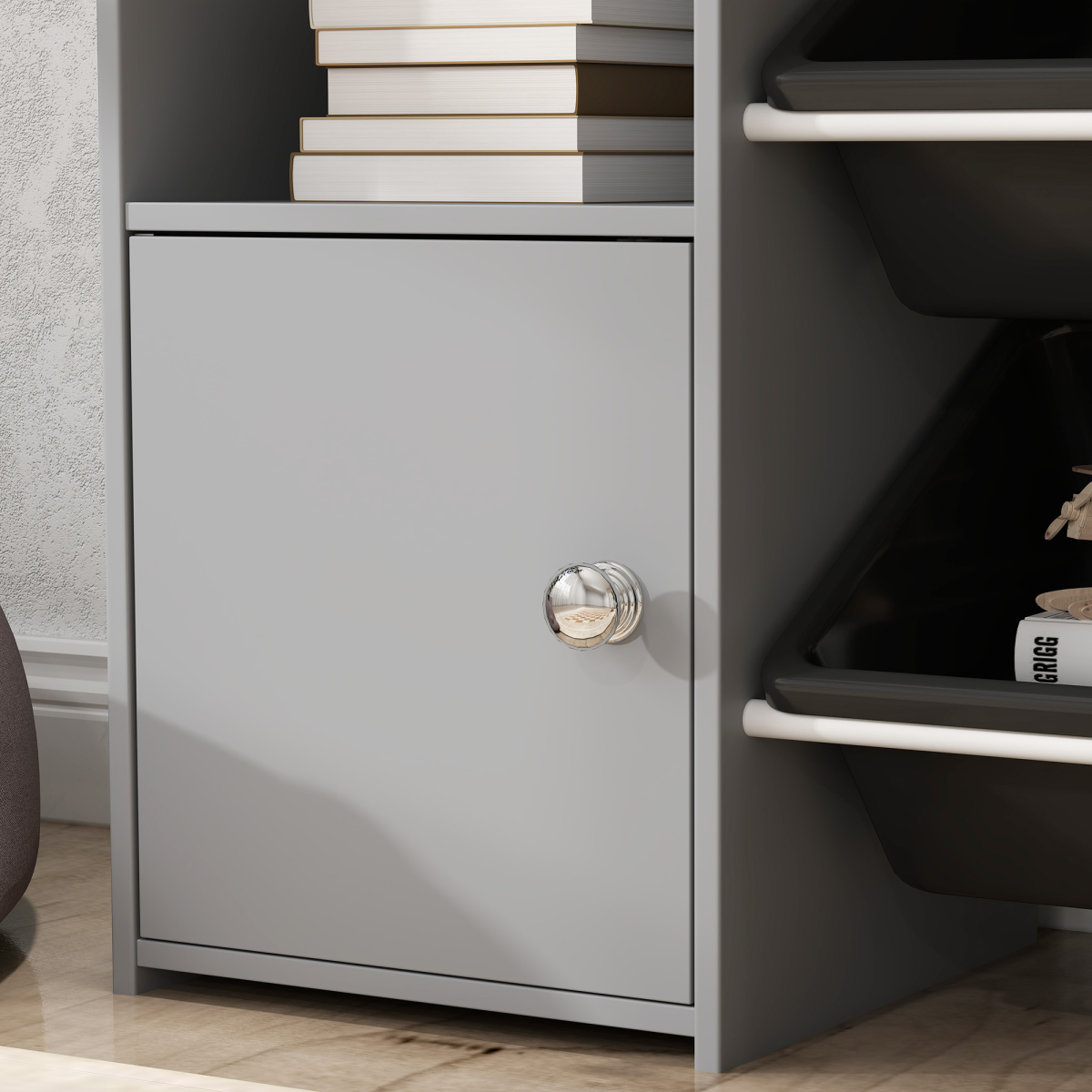 AIYAPLAY Kids Toy Storage Unit with 8 Removable Bins, Shelves & Cabinet – Grey