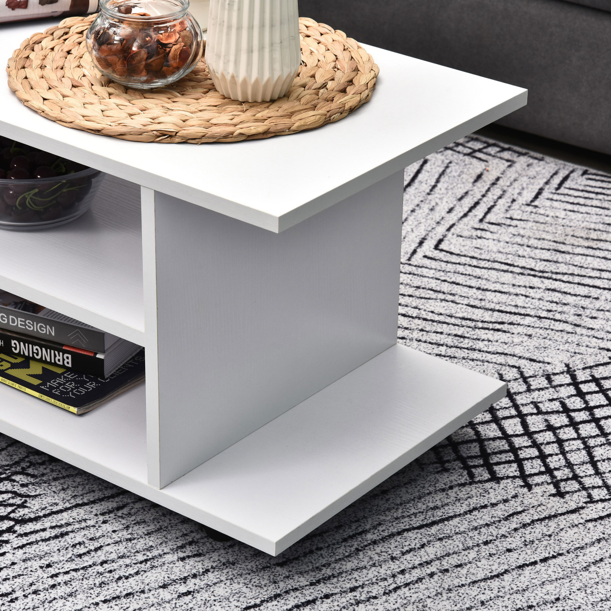 HOMCOM Mobile TV Stand Bookshelf with 3 Tiers and Lockable Castor Wheels – Modern Storage Cabinet, White