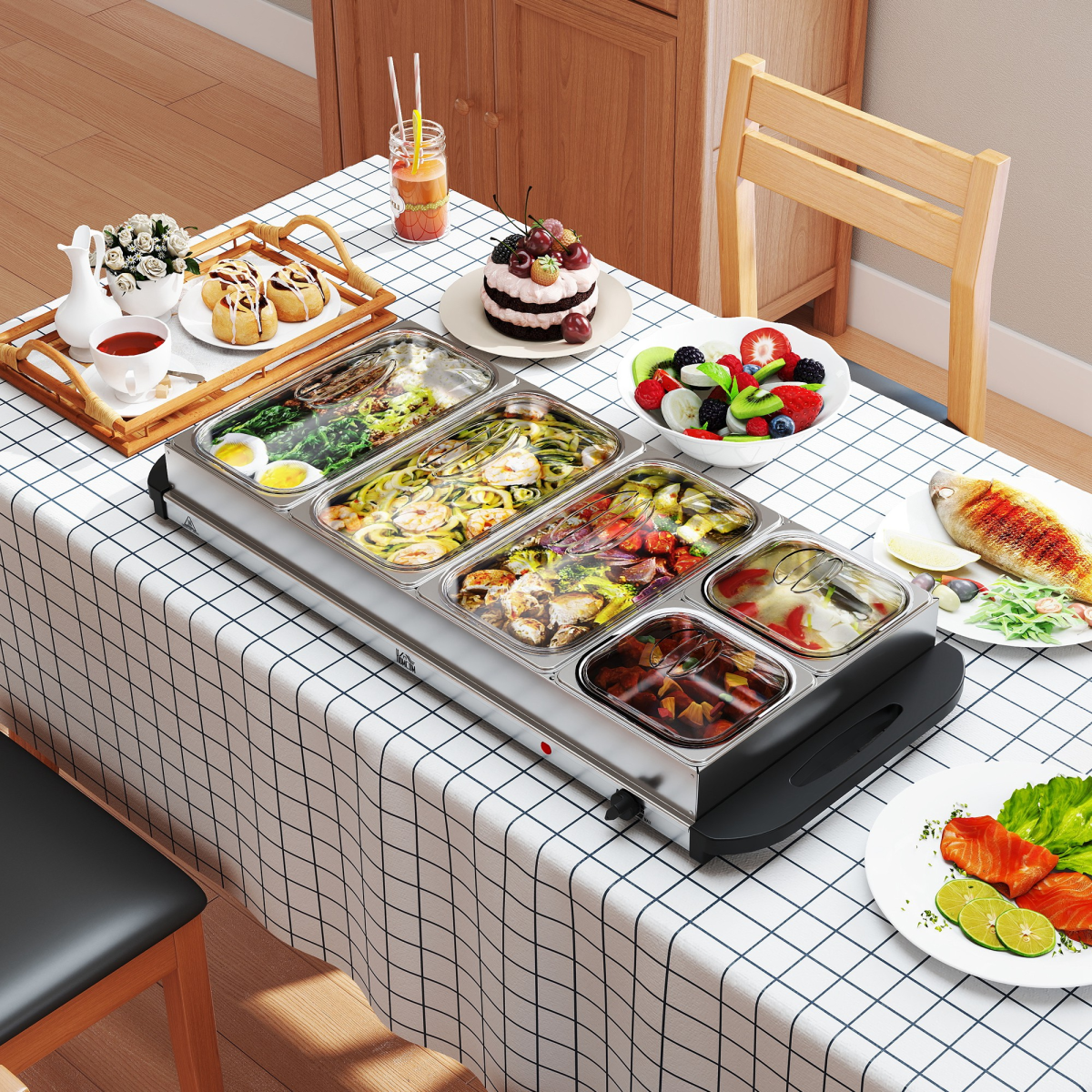 HOMCOM Electric Food Warmer with 5 Trays and Lids, 9.2L Buffet Server – Adjustable 58-85°C, Silver