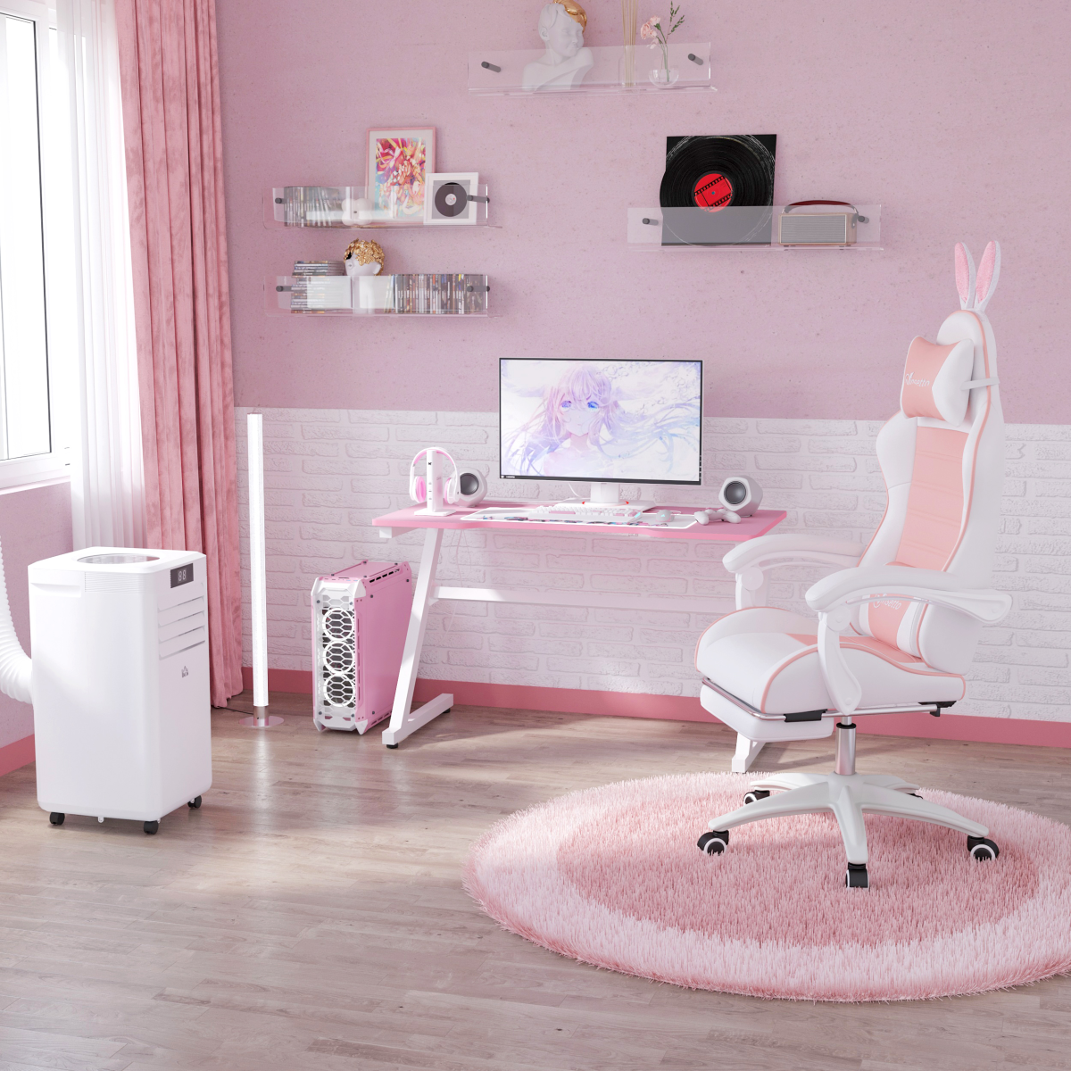 Vinsetto Pink Gaming Chair with Removable Bunny Ears, Retractable Footrest & Reclining Backrest