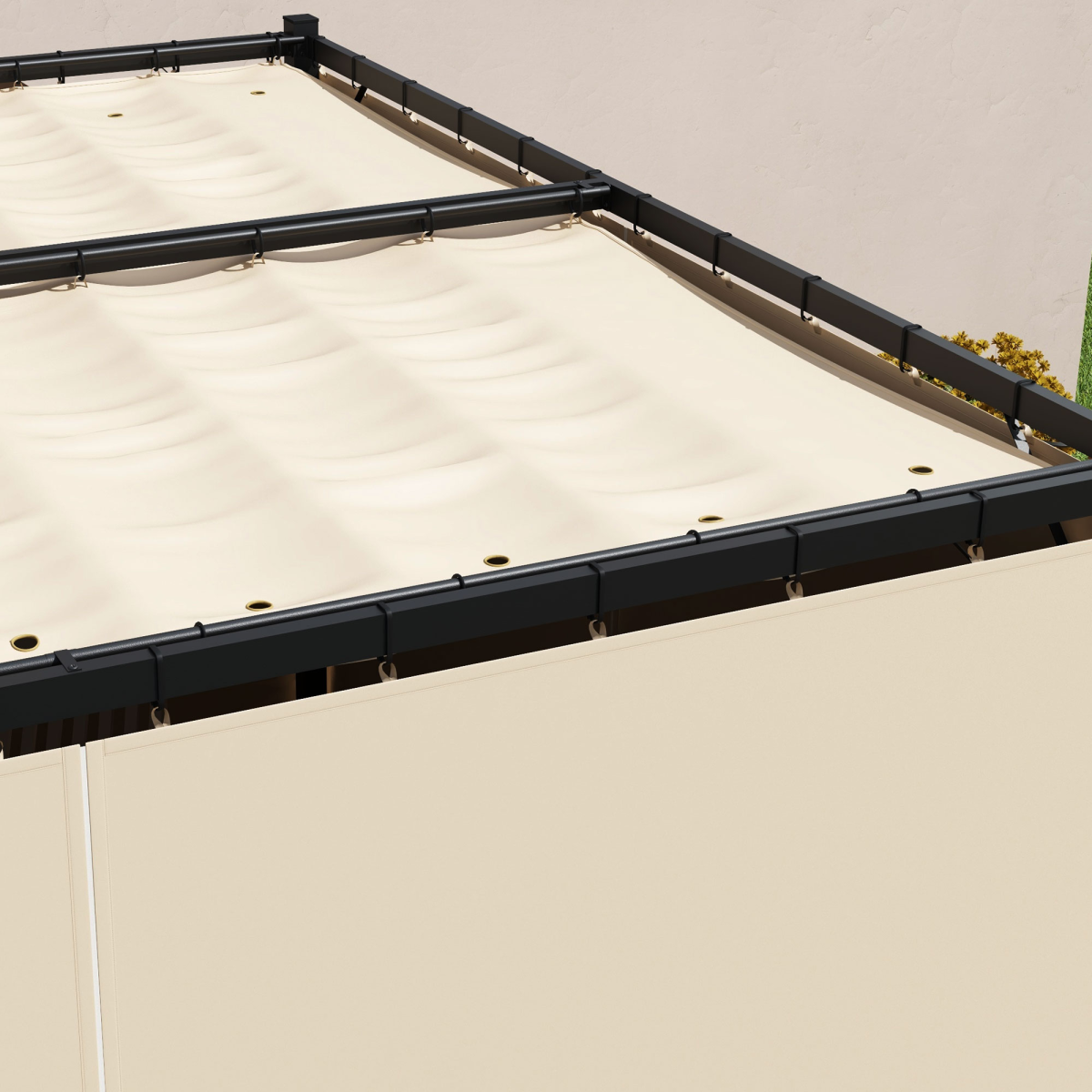 Outsunny 3 x 3m Retractable Pergola with Curtains, PU-Coated Polyester Canopy & Metal Frame – Beige