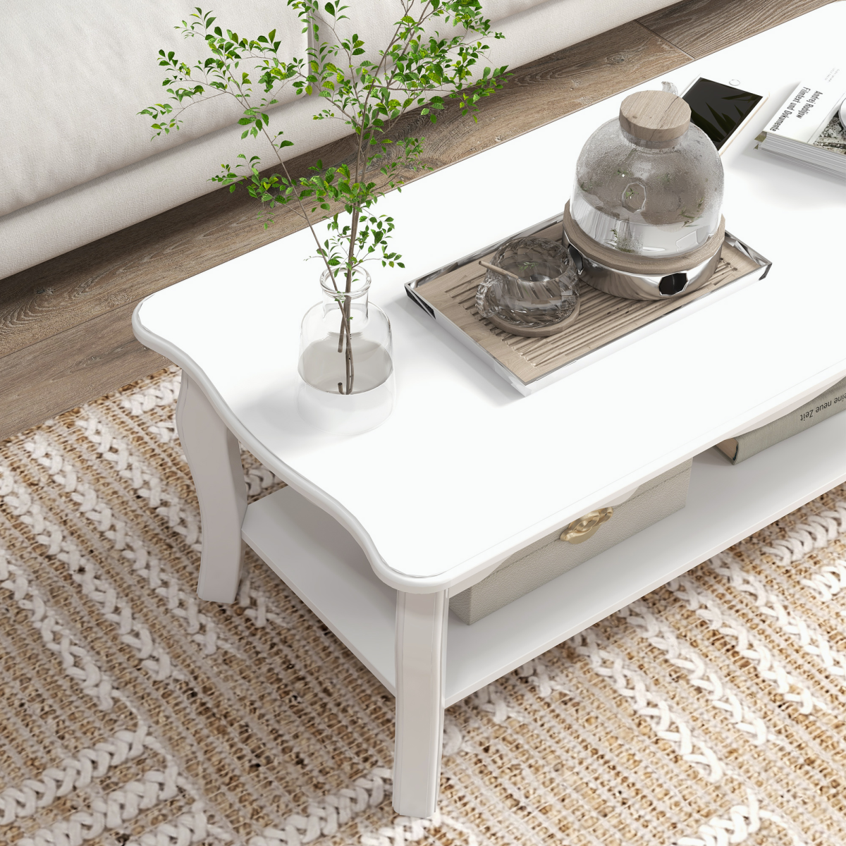 HOMCOM Modern Coffee Table with Magazine Shelf and Curved Legs – Lightweight Living Room Table, White