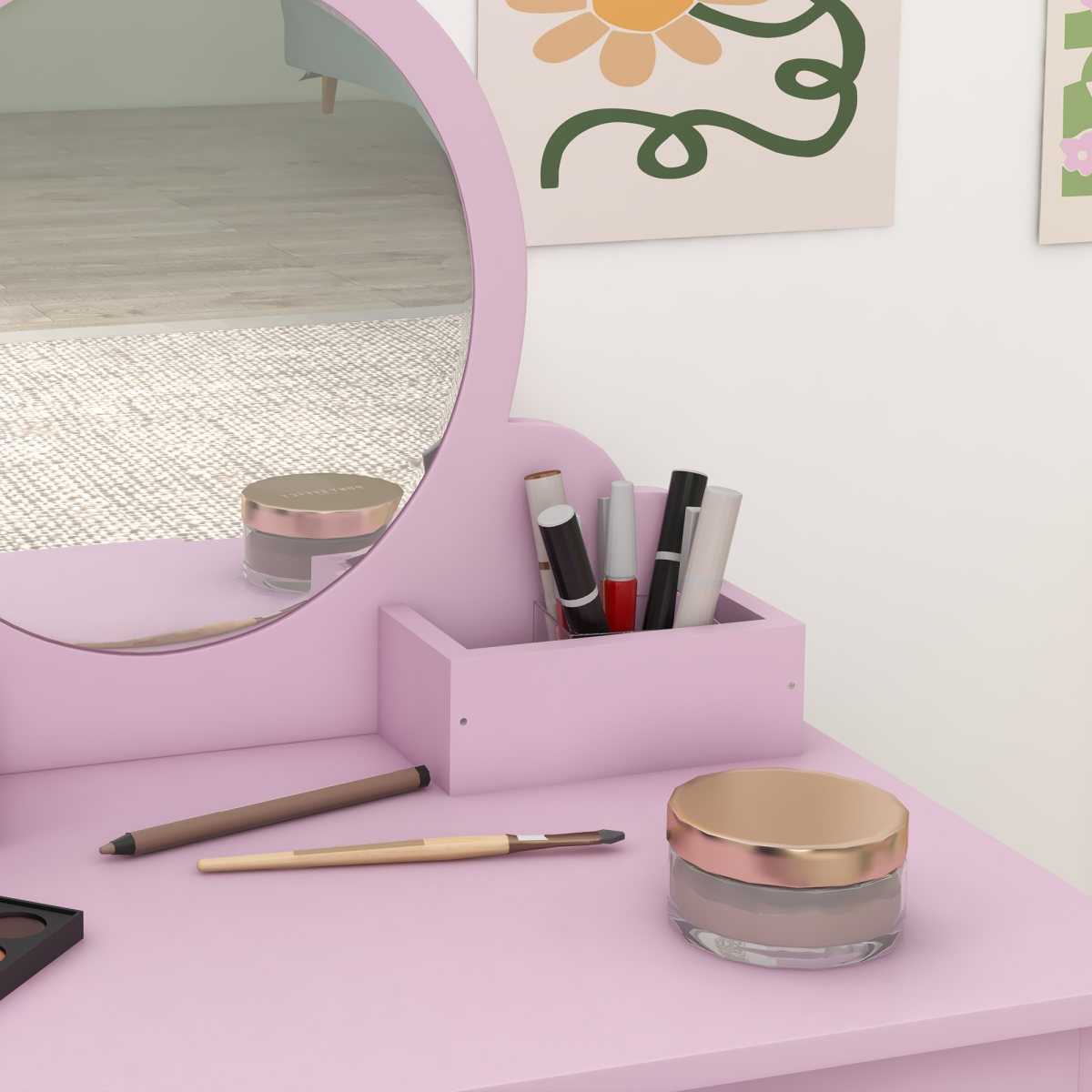 ZONEKIZ Kids Dressing Table with Mirror, Stool, Drawer & Side Storage Boxes – Cat Design Vanity Set, Pink