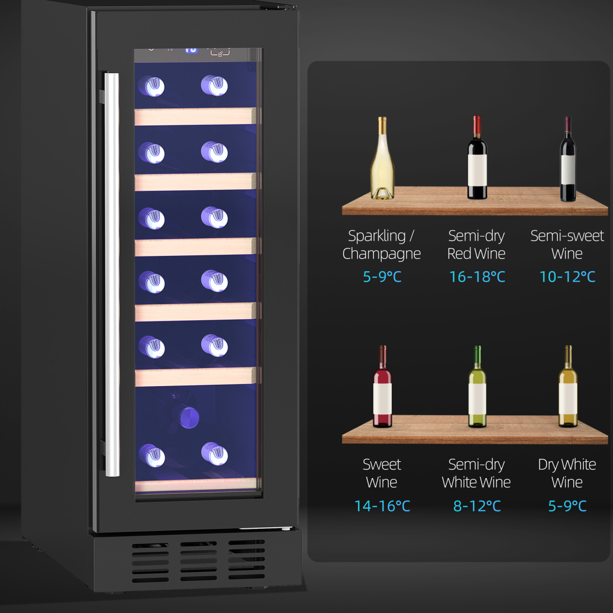 HOMCOM 19 Bottle Wine Cooler Fridge with Double-Tier Glass Door – Freestanding or Built-In, Black
