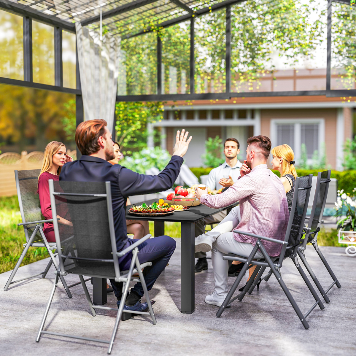 Outsunny Garden Dining Table for 6 with Parasol Hole, Slatted Steel Top, 150 x 90 cm – Outdoor Table, Black