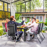 Outsunny Garden Dining Table for 6 with Parasol Hole, Slatted Steel Top, 150 x 90 cm – Outdoor Table, Black