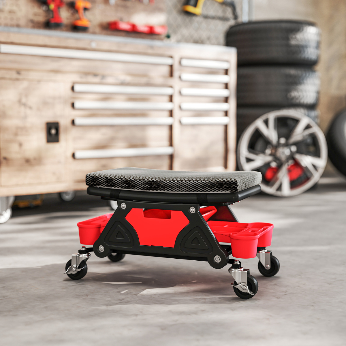 HOMCOM Rolling Mechanic Stool with Tool Trays, Drawer & Padded Seat – 135kg Capacity Workshop Stool, Black