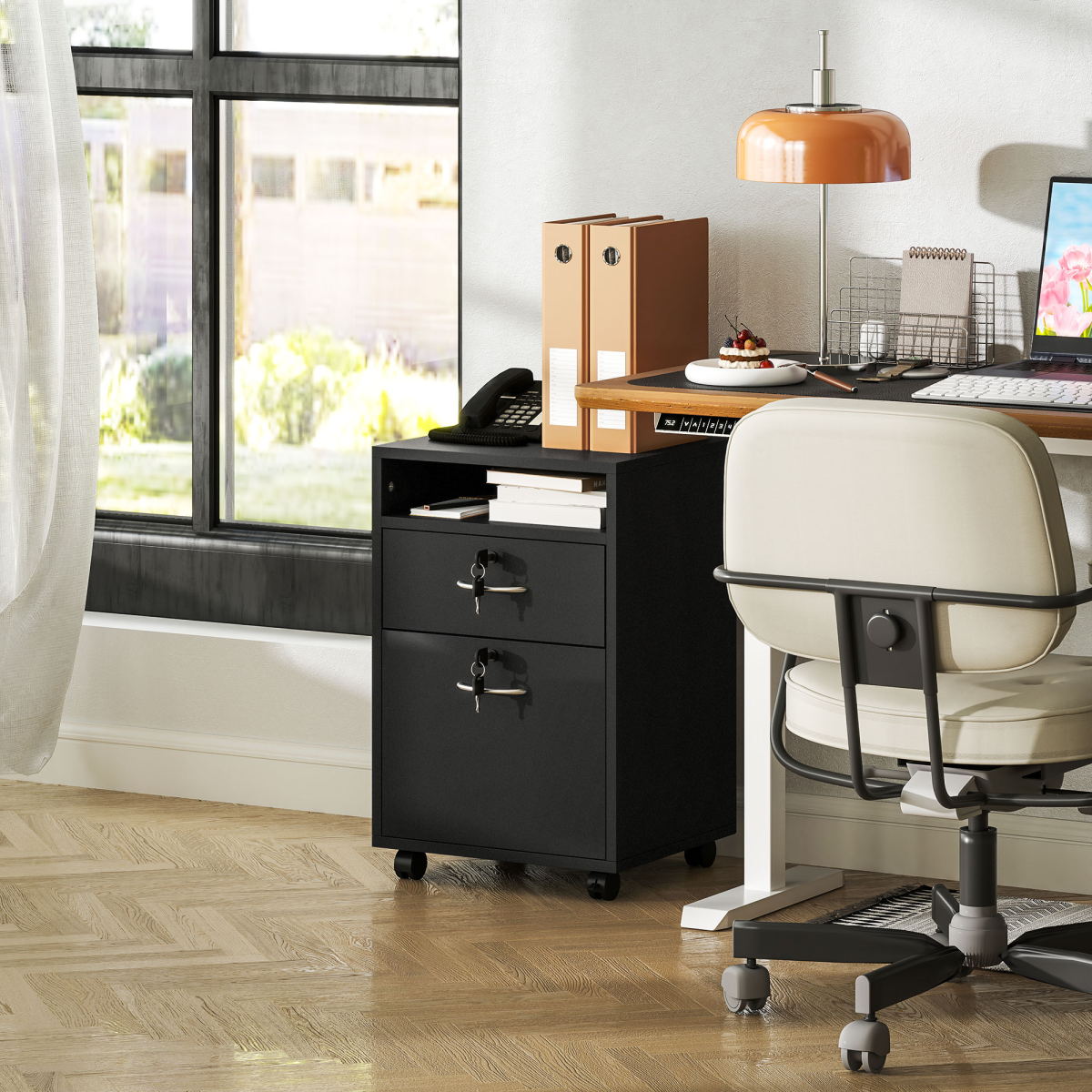 HOMCOM 60cm Mobile Storage Cabinet with Drawer, Cupboard and Open Shelf – Lockable Wheels, Black