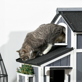 PawHut Wooden Outdoor Cat House with Flower Pot, Windows & Multiple Entrances – 2-Tier Weather-Resistant Shelter