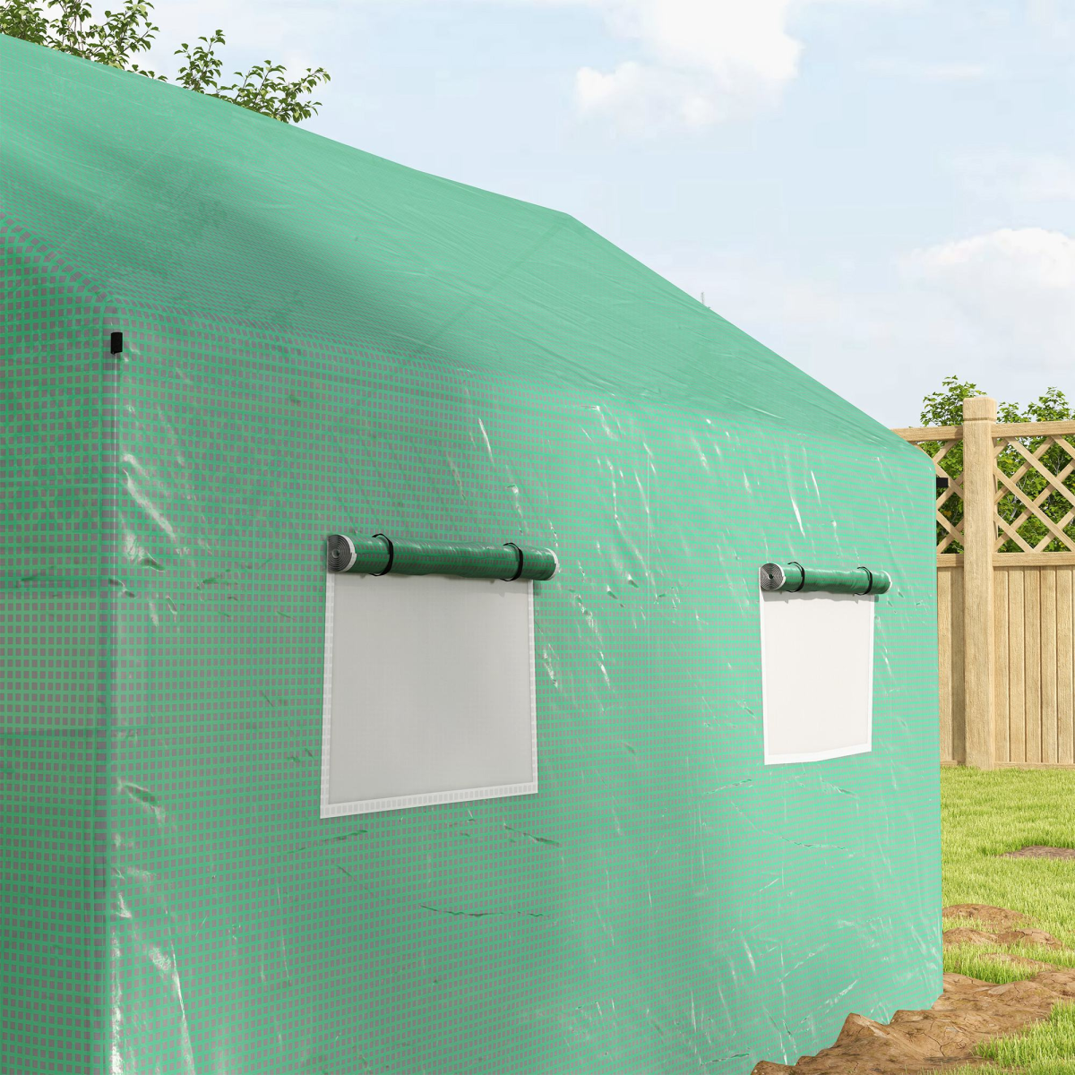 Outsunny 2 x 3m Tunnel Greenhouse with UV PE Cover, Wide Roll-Up Door & Mesh Windows – Steel Frame, Green