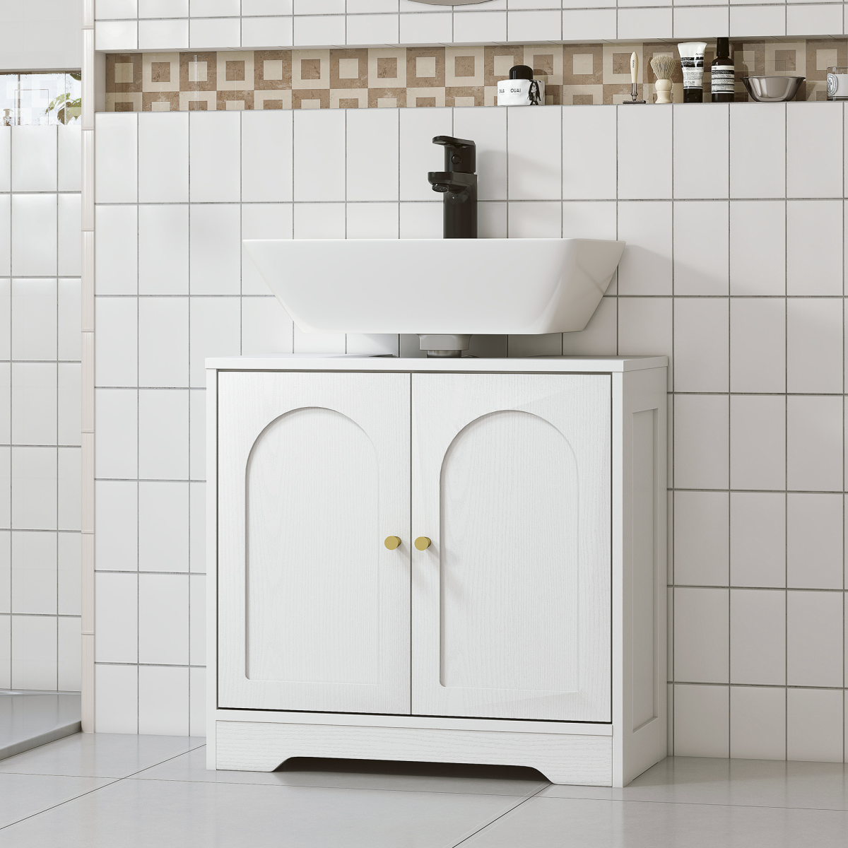 HOMCOM Modern Under Sink Cabinet with U-Shaped Cut-Out for Pedestal & Wall Basins – Bathroom Storage, White