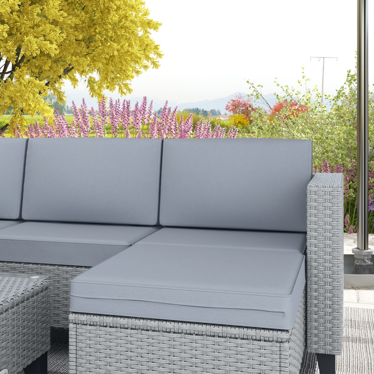Outsunny 5-Piece PE Rattan Garden Furniture Set with Glass-Top Coffee Table & Cushions – Outdoor Lounge Set, Grey