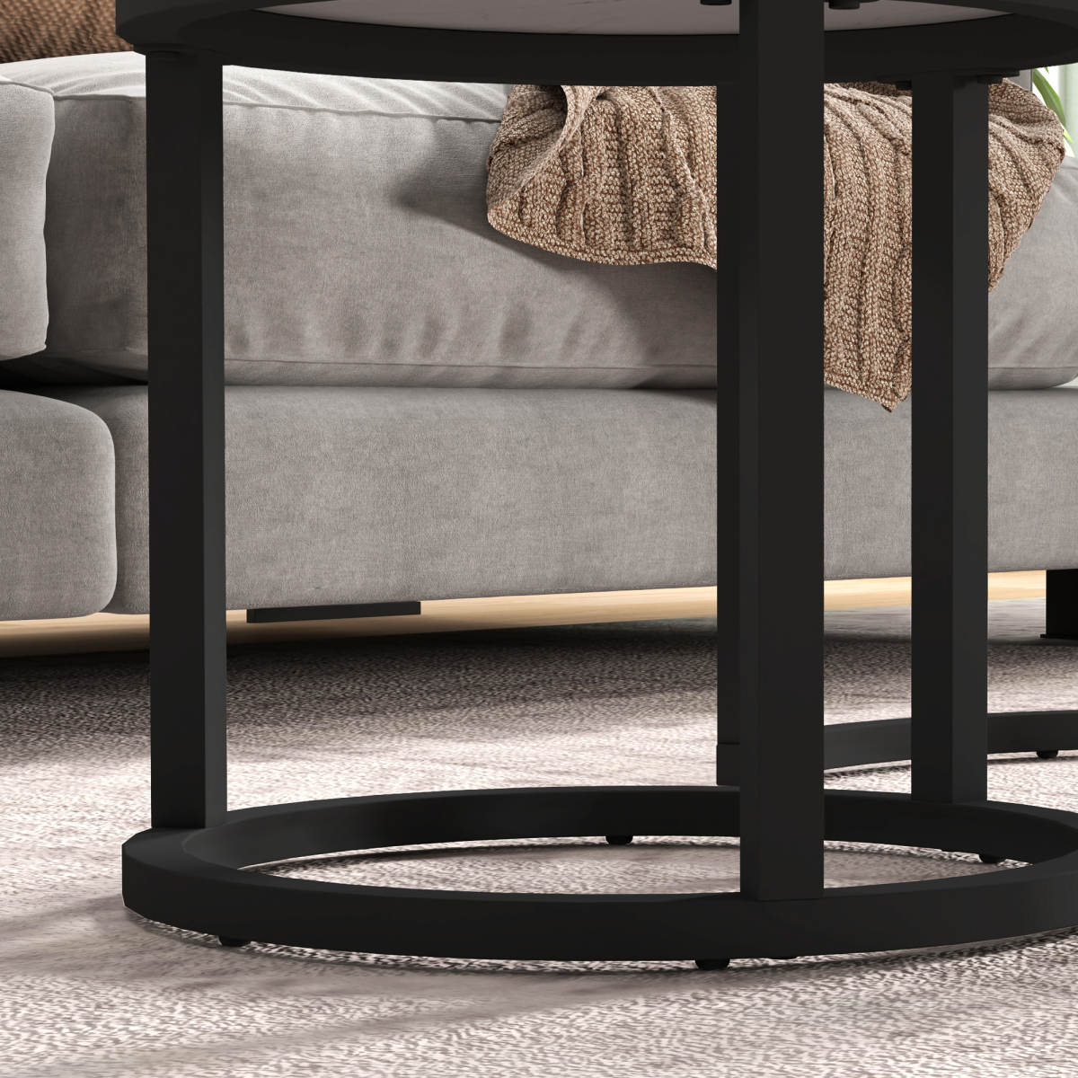 HOMCOM Glass Coffee Table Set of 2 with Marble-Effect Tempered Glass Tops – Round Nest of Tables, White, Black