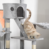 PawHut 240–260cm Floor-to-Ceiling Cat Tree with Scratching Posts, Houses & Hammocks – Cat Tower, Light Grey