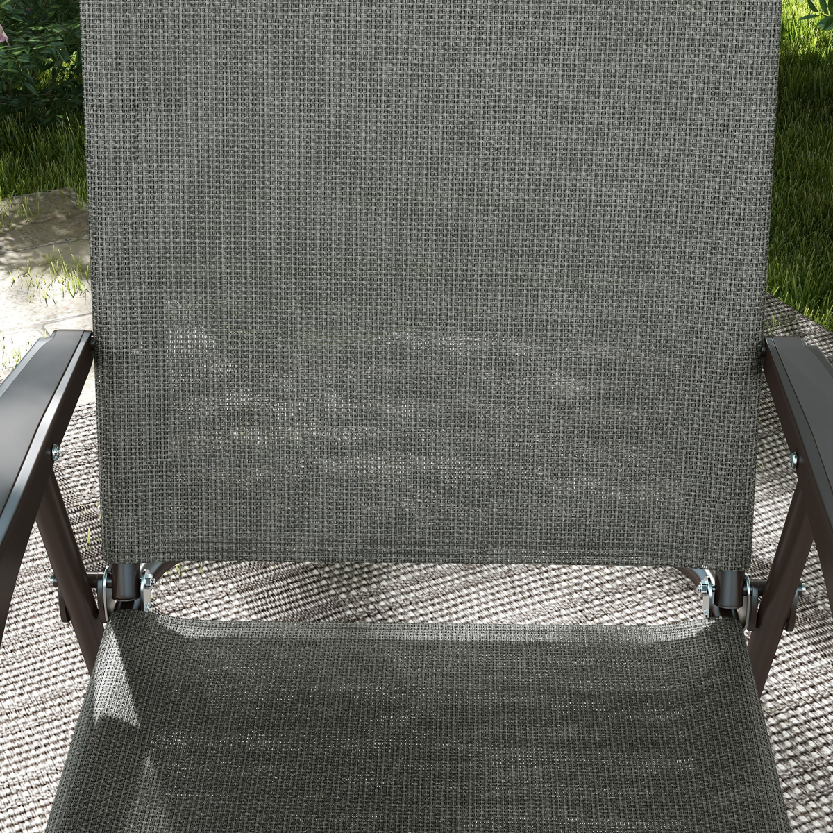 Outsunny Set of 2 Folding Garden Chairs with Armrests and Breathable Mesh Seats – Steel Frame, Dark Grey