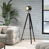 HOMCOM Industrial Wooden Tripod Spotlight Floor Lamp with Adjustable Height & Head – Living Room, Black