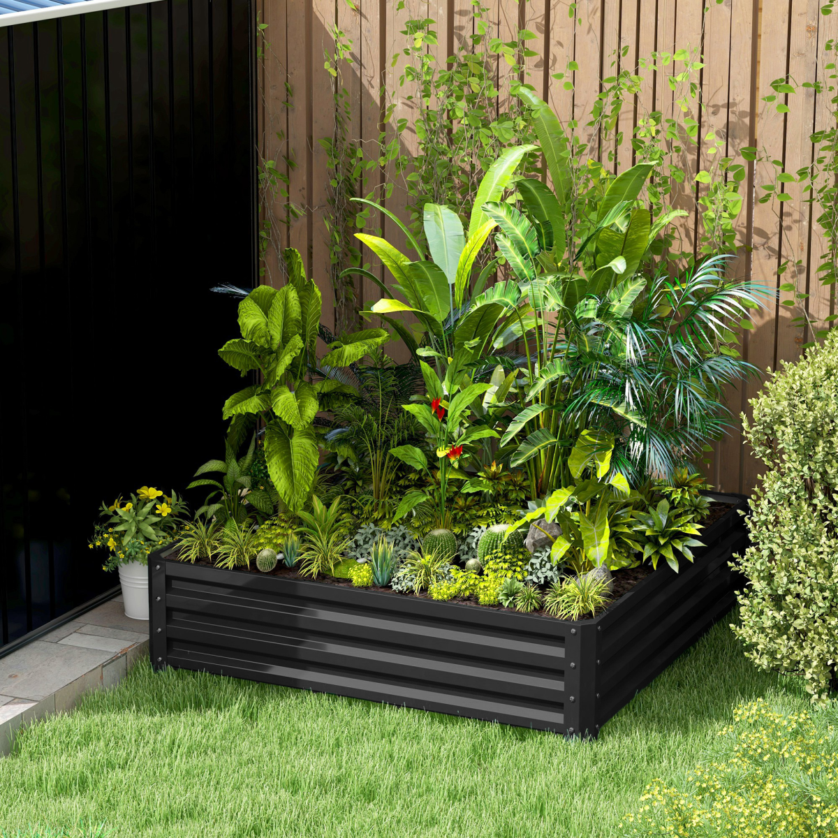 Outsunny 120 x 120cm Galvanised Steel Raised Garden Bed – Modular Planter Kit for Flowers and Vegetables, Grey