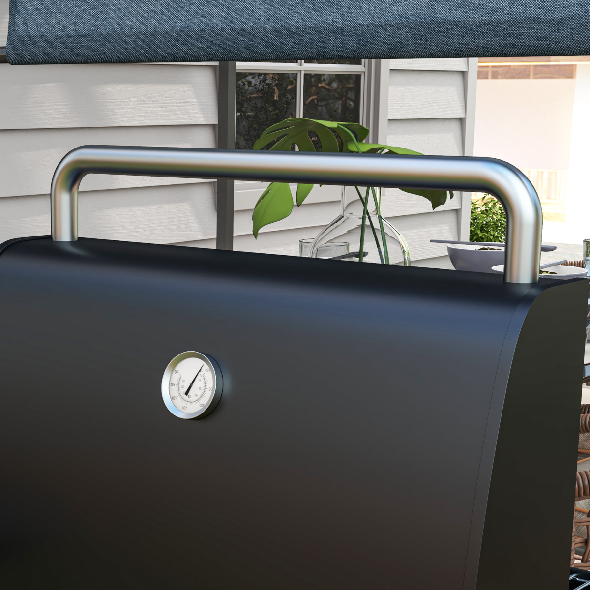 Outsunny Charcoal BBQ Grill Trolley with Lid, Thermometer & Shelves – Wheeled Garden Barbecue, Black