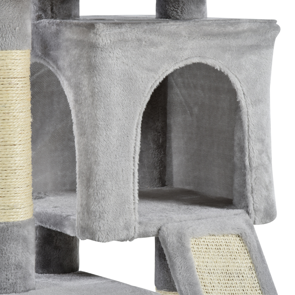 Pawhut Cat Activity Tree with 2 Houses, Sisal Scratching Posts & Cushioned Top Perch – Plush, Grey