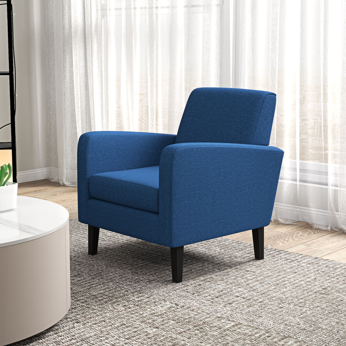 HOMCOM Compact Modern Accent Armchair with Rubber Wood Legs & Linen-Feel Upholstery – Blue