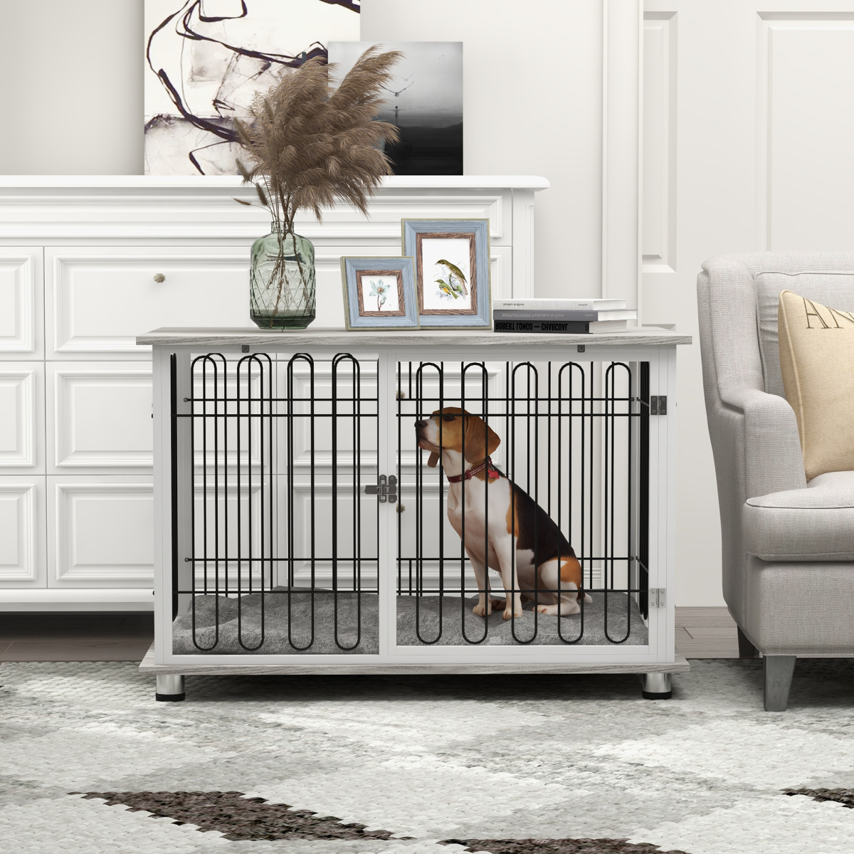 PawHut Dog Crate Furniture End Table with Soft Cushion & Lockable Door – Indoor Kennel for Dogs up to 35kg